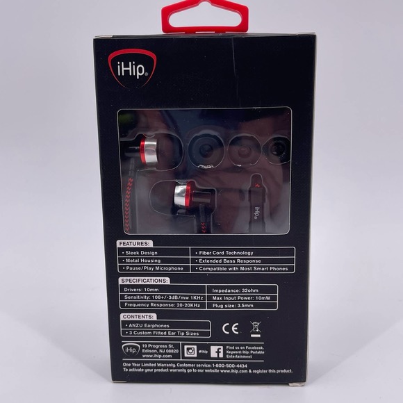 iHip Red ANZU Wired Earphones Built In Mic Fiber Cord Metal Housing IPEB7-R NEW - Picture 2 of 8